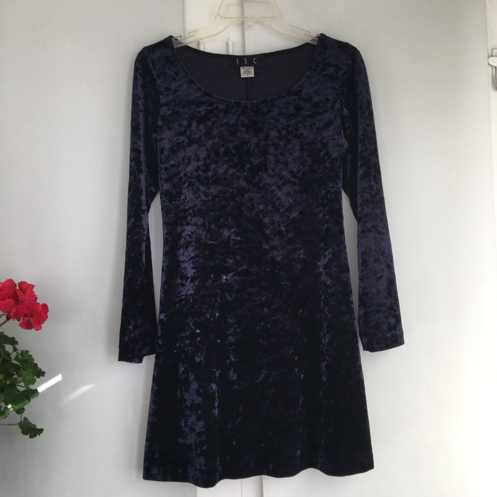 JSC long sleeve navy velvet mini dress. Small.